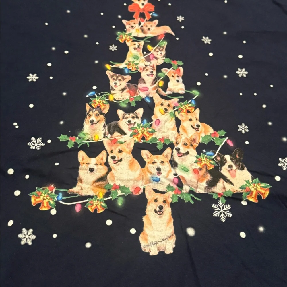 Corgi Christmas tree Navy Cotton T-Shirt - Picture 1 of 4